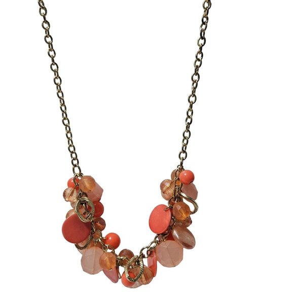 Retro 70s Boho Orange Coral Beaded Chunky Necklace Fashion Jewelry - Picture 1 of 6